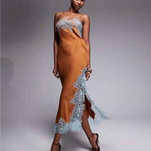 ASOS Tan and Blue Lace Midi Dress